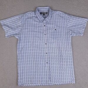 Address Unknown Shirt Mens XL White Blue Geometric Print‎ Short Sleeve Button Up
